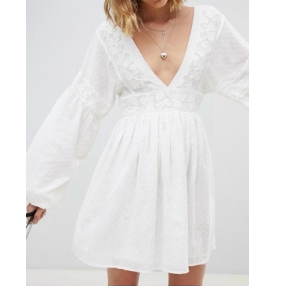 Free People Sugarpie Mini Dress in Ivory Size Small Embroidered Boho Prairie